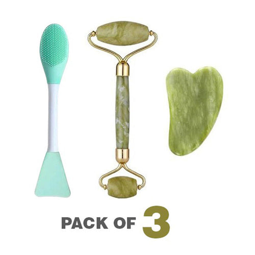 3-in-1 Radiant Skincare Set – Jade Roller Gua Sha and 2-in-1 Mask Brush