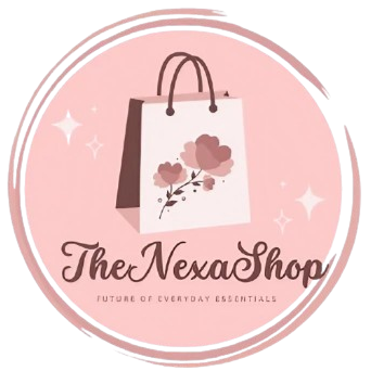 Logo of The Nexa Shop with a shopping bag and flowers on a pink background